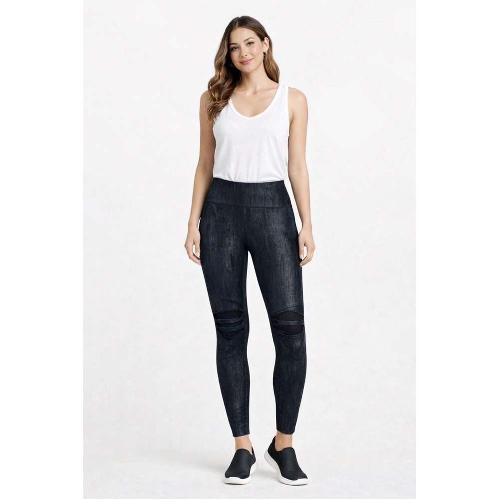 Lysse Leggings Womens Small Black High Rise Shaping Faux Leather Distressed Moto